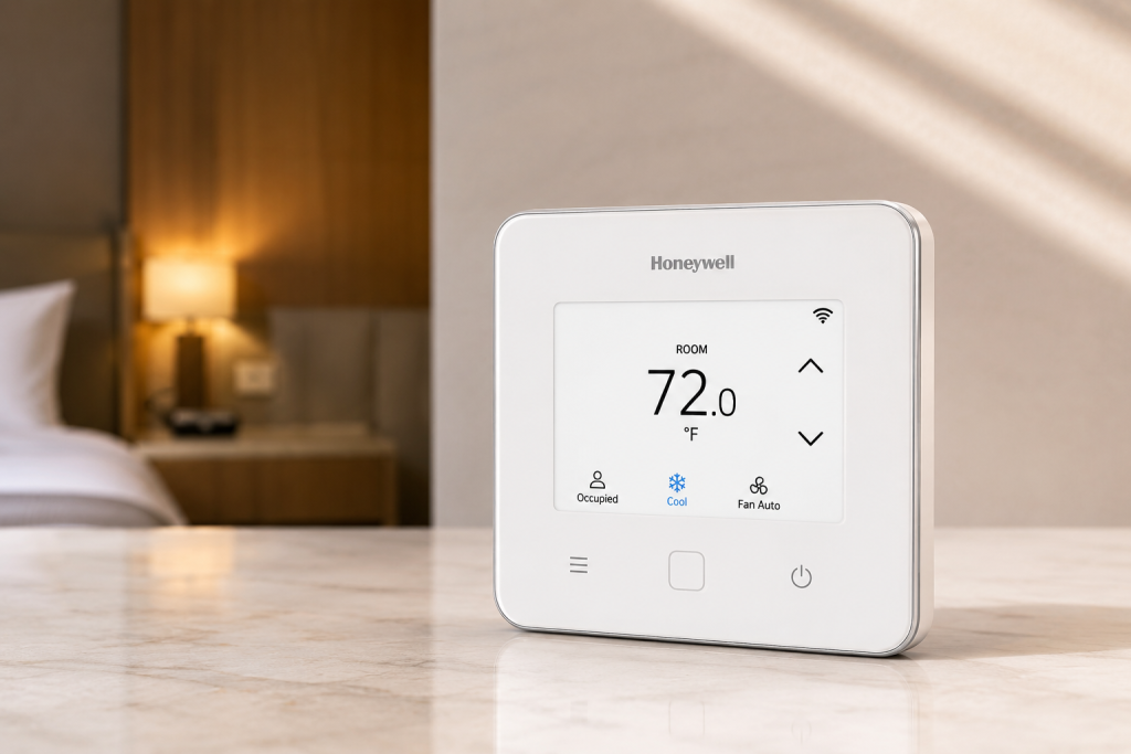 Honeywell INNCOM e7 white EMS thermostat for hotel guestroom energy management