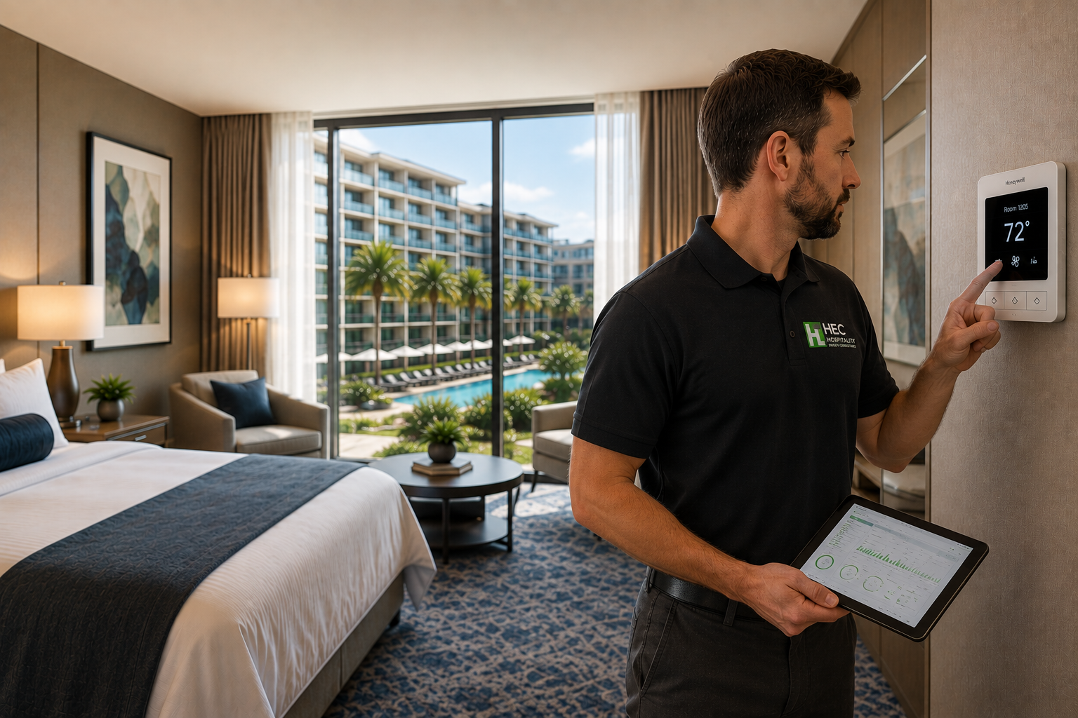 HEC technician adjusting hotel guestroom thermostat during building performance assessment