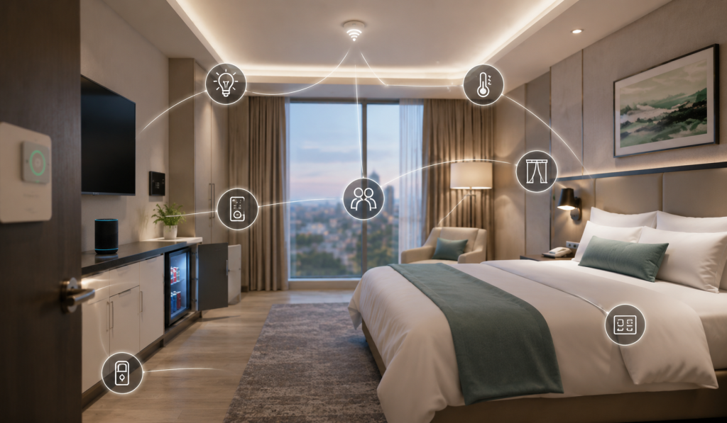 PMS building system integration connecting hotel guestroom controls HVAC access and automation