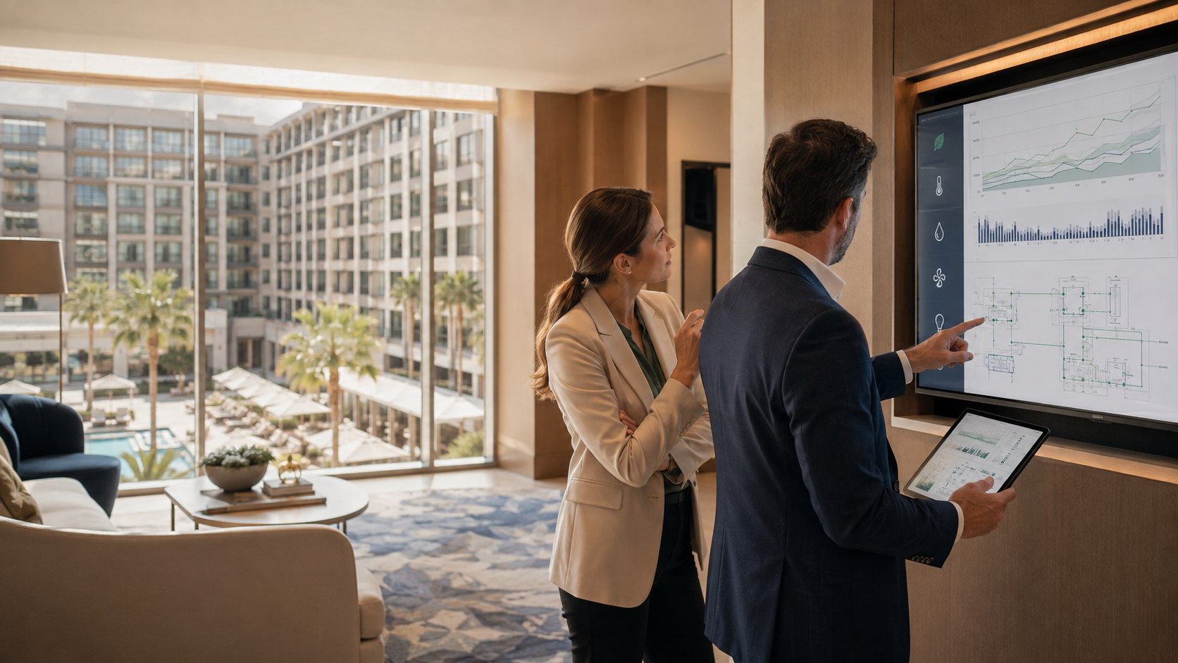 Hotel leaders reviewing hospitality building performance and energy analytics