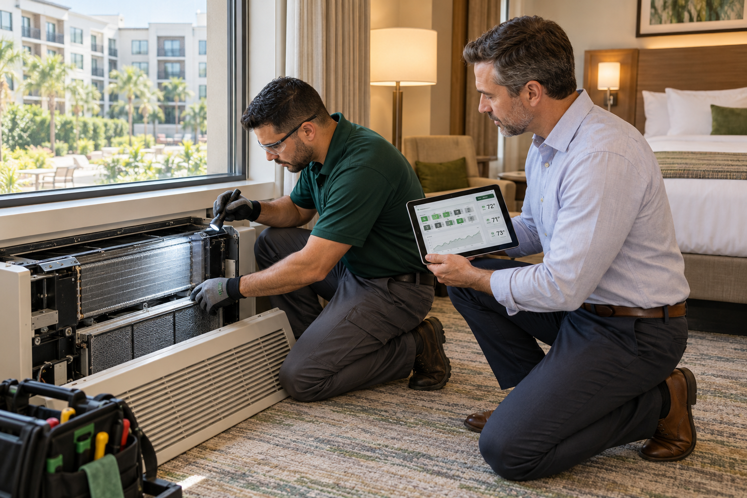 HVAC technician servicing a hotel guestroom unit while a property professional reviews building performance on a tablet